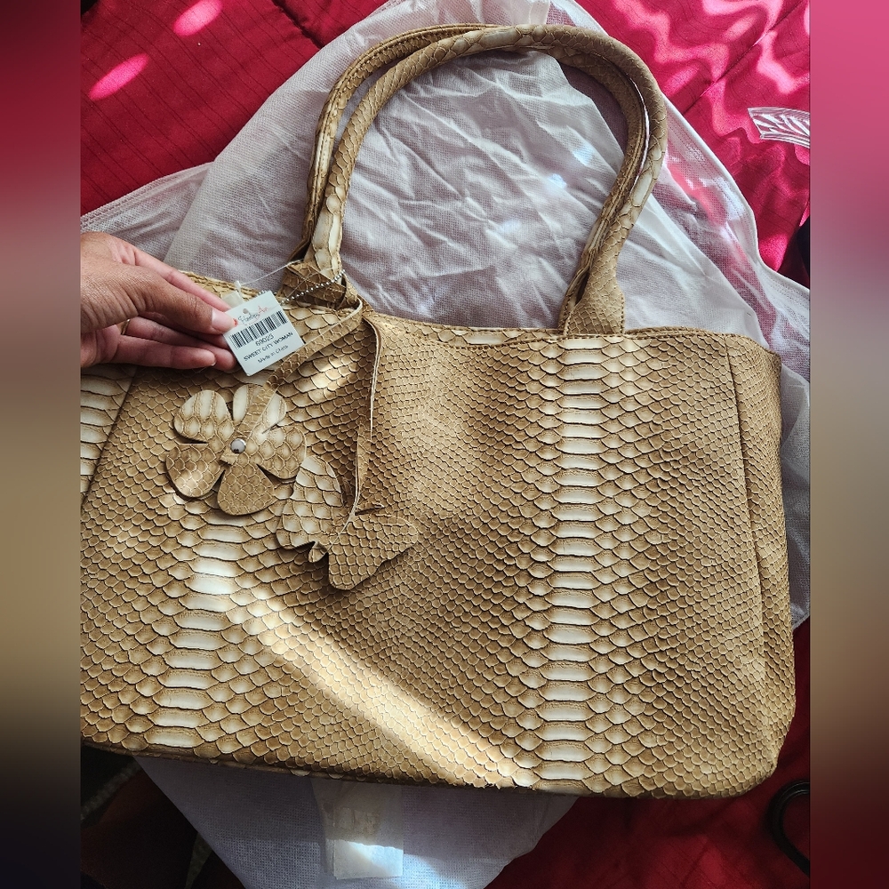 Tan and Cream Geometric Textured Tote Bag